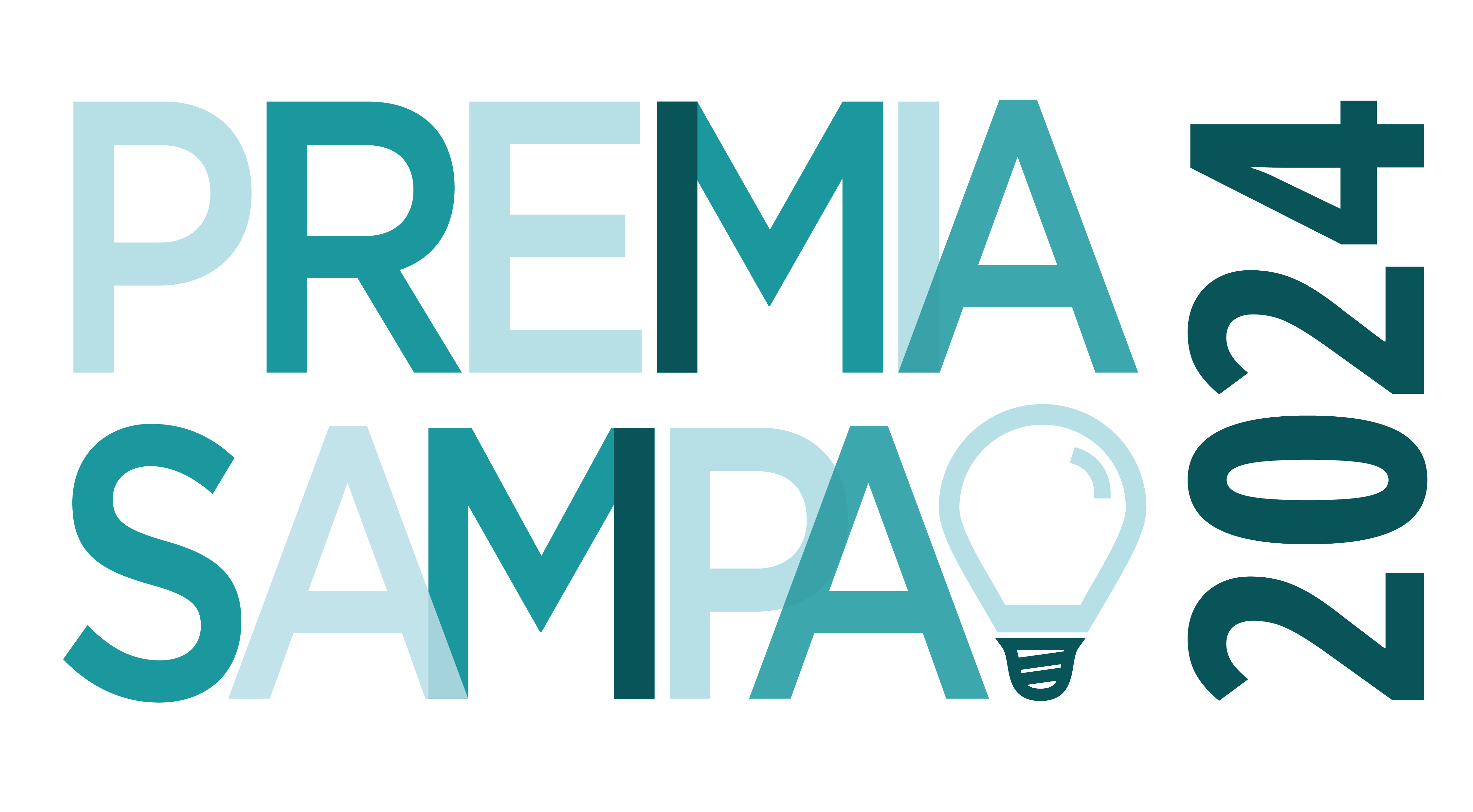 Logotipo do Premia Sampa 2024 com diversas tonalidades de turquesa e dividido em duas partes, uma em cima e outra embaixo. A parte de cima tem escrito PREMIA com as letras em maiúsculo e na parte debaixo está escrito SAMPA, também com as letras em maiúsculo, e logo depois tem uma lâmpada vazada para finalizar o logo do evento.